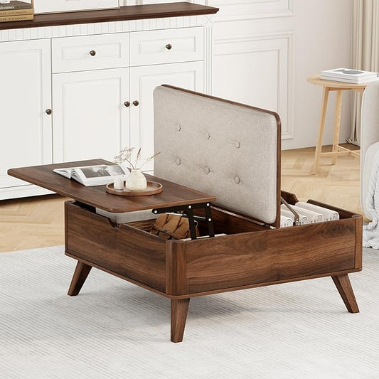 VOPEAK Lift Top Coffee Table with Storage, Large Square Coffee Table with Thickened Cushion, Family Gathering Center Table, Modern Wooden Coffee Tables for Living Room, Solid Wood Legs, Walnut