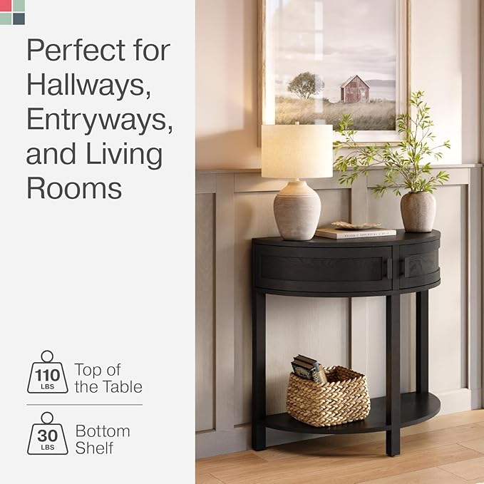Farmhouse Half Moon Console Table - Blackened Oak Rustic Wood - Narrow Console Table with Storage & Black Knobs - Hallway, Entryway & Living Room Furniture - Entryway Furniture - Hallway Decor