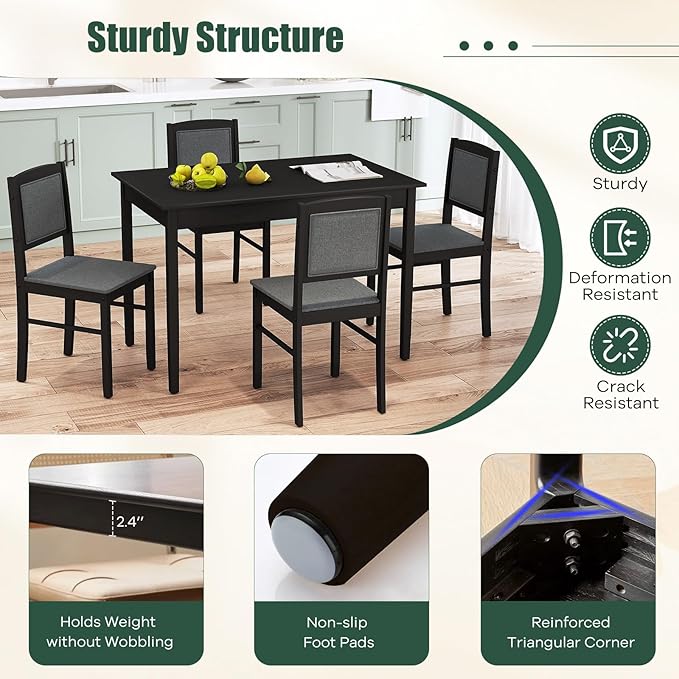 NAFORT Kitchen Table Set for 4, Mid-Century Modern Dining Table and Chairs Set of 4, Farmhouse Dinner Table Set w/ 4 Upholstered Chairs, Rubber Wood Dinette Set for Kitchen& Dining, Restaurant