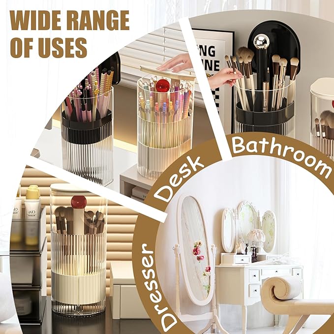 Makeup Brush Holder with Lid, One-Hand Press Open/Close Mechanism Cosmetic Tools Organizer, Clear Waterproof Dustproof Make Up Storage for Vanity, Bathroom Countertop-Cream-Red Ball