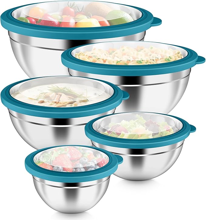 P&P CHEF Mixing Bowl with Visible Airtight Lid Set of 5, 10-Piece Stainless Steel Nesting Salad Bowl Set for Prepping, Mixing and Serving, Size 4.6, 3, 1.5, 1, 0.7 QT, Rimmed Edges & Flat Base, Blue