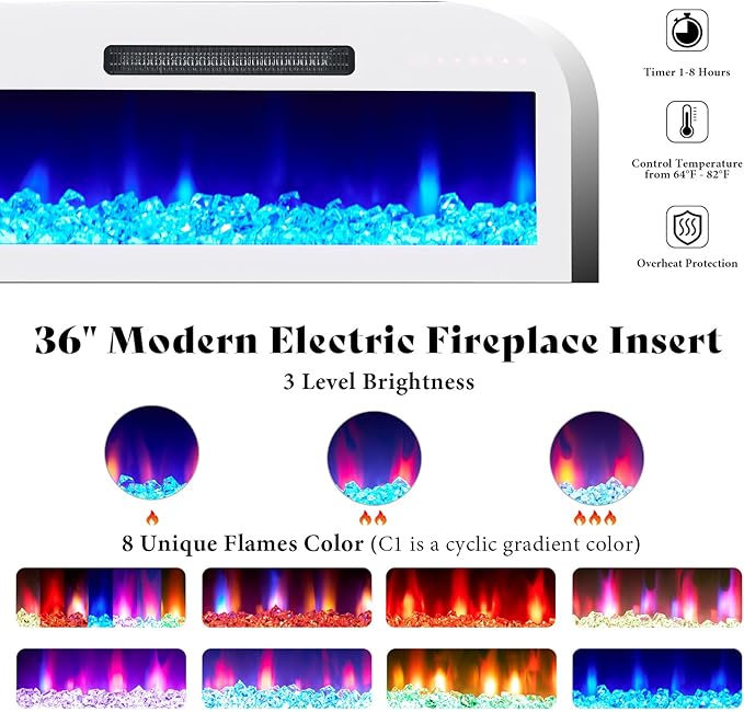 AMERLIFE High Gloss Fireplace TV Stand with 36" Fireplace, 70" LED Lights Entertainment Center with Flip Doors & Corner Glass Decor, Modern TV Console Table for TVs up to 80", Living Room, White&White