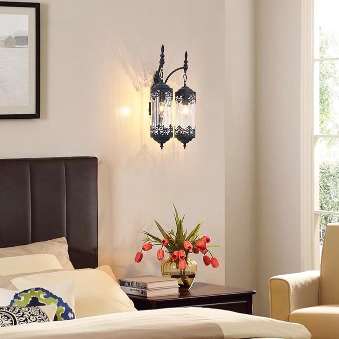 Rustic Glass Wall Sconce Vintage 2-Lights Antique Gothic Wall Light Fixture Retro Farmhouse Mid Centry Lantern Wall Sconce for Bedroom, Living Room, Mirror, Black, E12