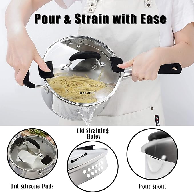 Rorence 3.7 Quart Saucepan with Glass Lid: Stainless Steel Sauce Pan with Two Sides Pour Spout & Riveted Silicone Handles & Build-in Strainer Tempered Glass Cover …