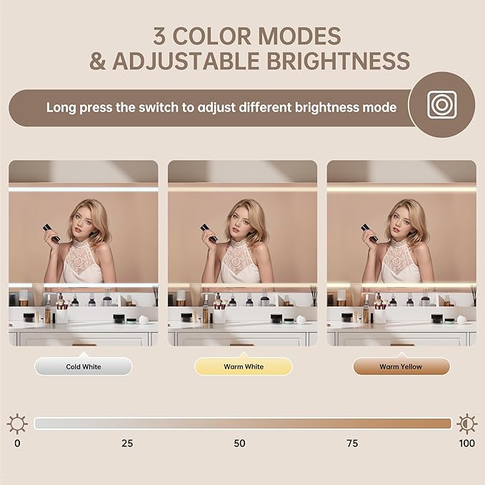 Vanity Desk with Mirror and LED Lights, 43'' W Makeup Vanity Desk with Power Outlet, 3 Color Modes, 7 Drawers Vanity Table with Chair, Dressing Table for Bedroom, Dressing Room