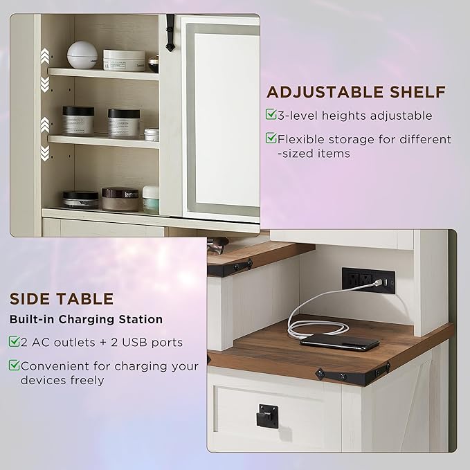 T4TREAM 48'' Farmhouse Makeup Vanity Desk with Sliding HD Mirror and Lights, Big Modern Lighted Vanity Table with 7 Drawers & Shelves, Rustic Large Dressing Table, Antique White