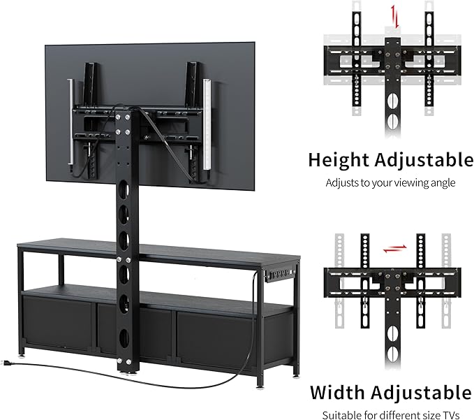 JUSTOGO TV Stand with Mount and Power Outlet, TV Stand Mount with Storage for Living Room, Entertainment Center with LED Lights for 45/55/60/65 inch, Height Adjustable Media Console, Black