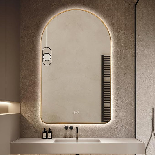 Niccy Arched LED Lighted Bathroom Mirror, 48x30 Inch Backlit Vanity Bathroom Mirror with Lights Brushed Gold Framed Wall Mounted Mirrors with 3 Color Shatterproof Arch Smart Fog Free Mirror