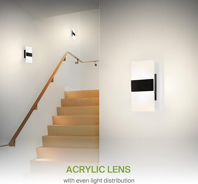 ASD 8 Inch LED Indoor Wall Sconce - Modern Interior 10W 120V 2700K-5000K Adjustable Dimmable Wall Mounted Light Fixtures, Acrylic Glass Wall Lights for Stairway, Hallway - ETL, Matte Black