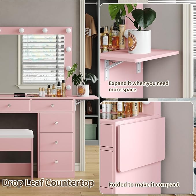 Vanity Desk with Power Outlet, Makeup Vanity with Lighted Mirror, 3 Lighting Modes Adjustable, 9 Drawers Vanity Table with Chair with Fold-up Panel, Glass Top, Dressing Table for Bedroom, Pink