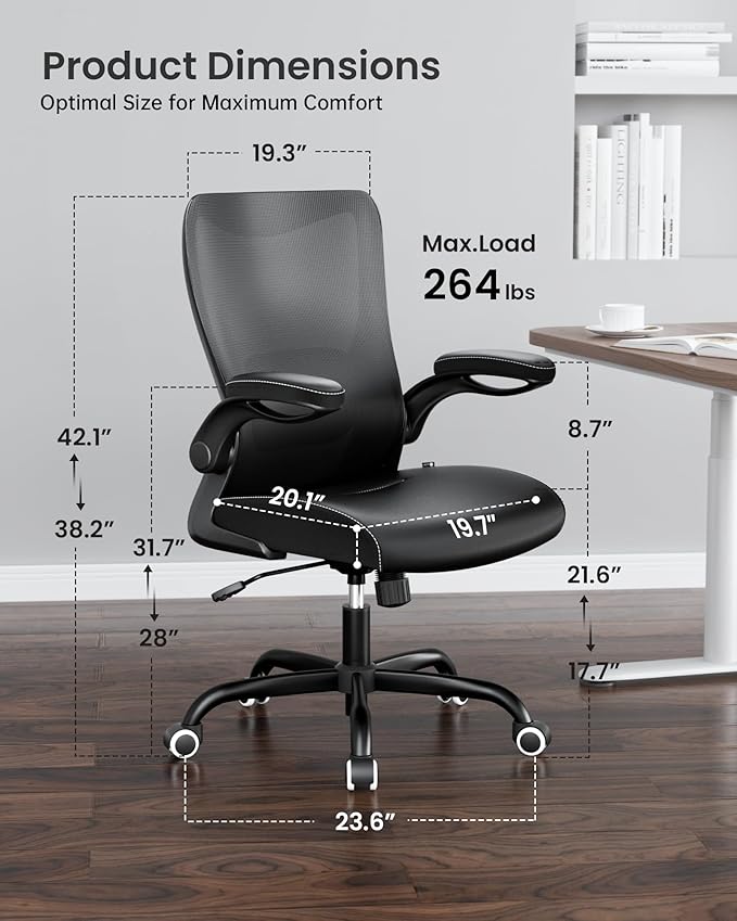 Office Chair, PU Leather Ergonomic Desk Chair with Adjustable Lumbar Support and Flip up Armrest, Breathable Mesh Computer Chair for Home Office, Black