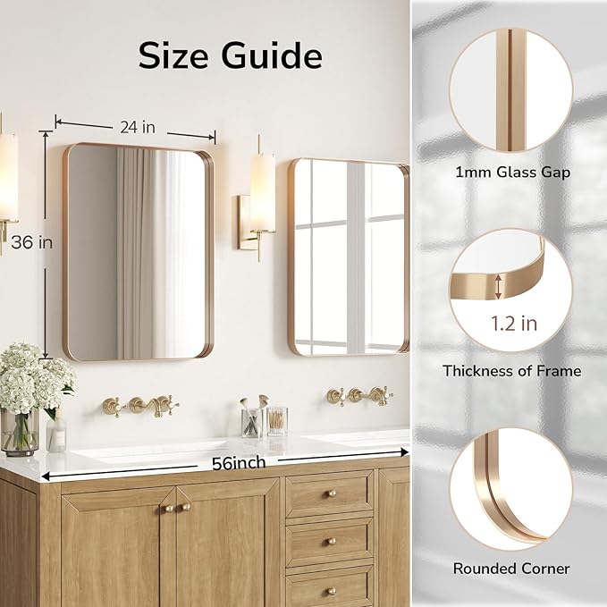 USHOWER Gold Bathroom Mirror 24"x36", Brushed Gold Rounded Rectangle Mirror for Over Sink, Aluminum Frame, Anti-Rust, Tempered Glass, Horizontal or Vertical Mounted