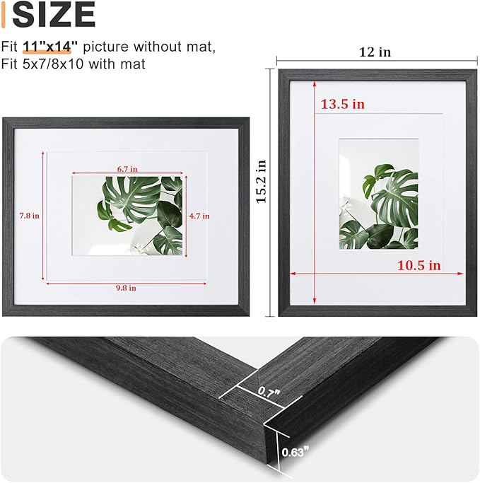 Egofine 11x14 Picture Frame Made of Solid Wood with Plexiglass, Display Pictures 5x7/8x10 with Mat or 11x14 Without Mat for Tabletop and Wall Mounting, Rustic Black