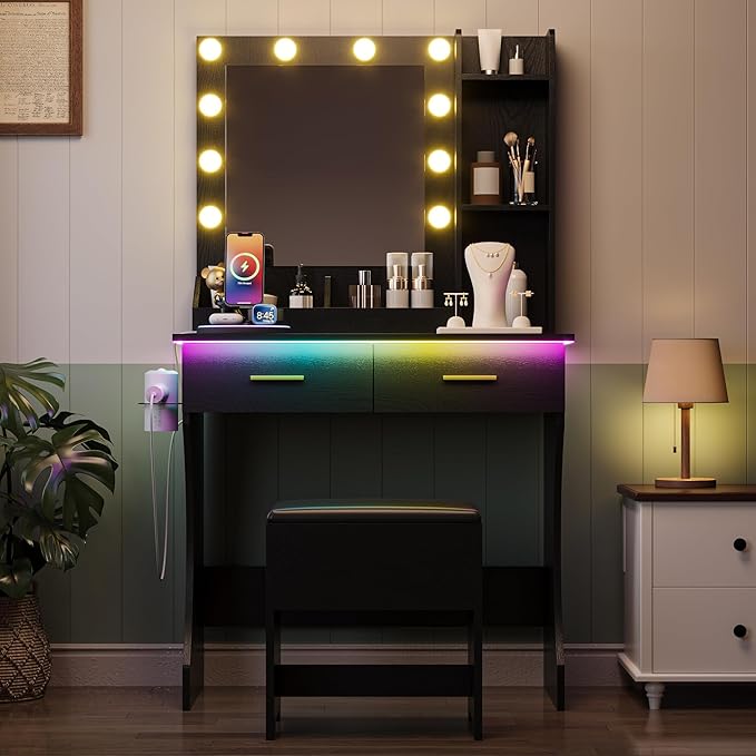 Black Vanity Mirror with Lights Desk and Chair, Small Makeup Vanity Set with Charging Station, Dressing Table with 2 Large Drawers, RGB Ambient Light, 3 Lighting Modes & Adjustable Brightness