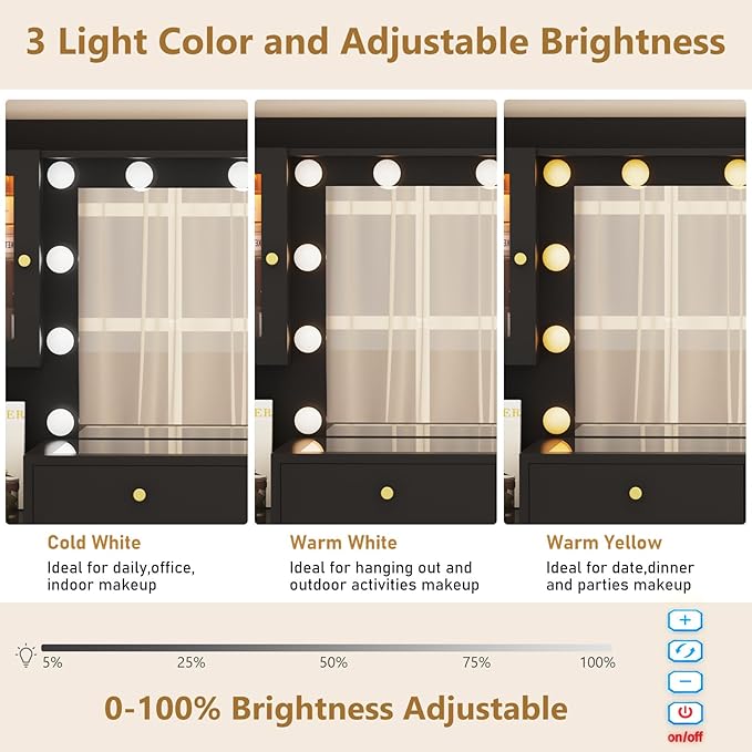 62" Large Makeup Vanity Desk with Mirror and Lights, Glass Top Vanity Table with Power Outlet & Lighted Glass Cabinet , 8 Drawers, Dressing Table with 3 Colors Lights for Bedroom Dressing Room, Black