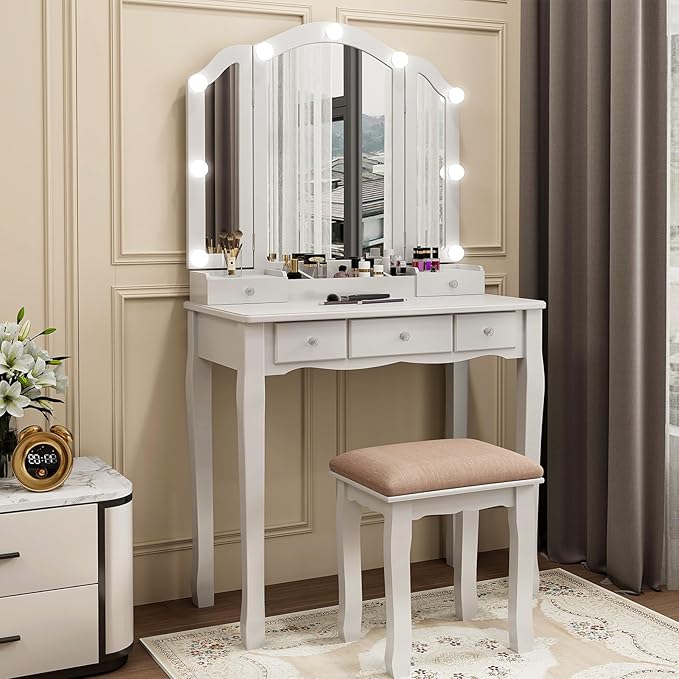 Vanity Desk with Mirror and Lights, Kids Vanity with Lights,5 Drawers and Cabinets White Vanity with Lighted Mirror Vanity Desk and Chair for Bedroom