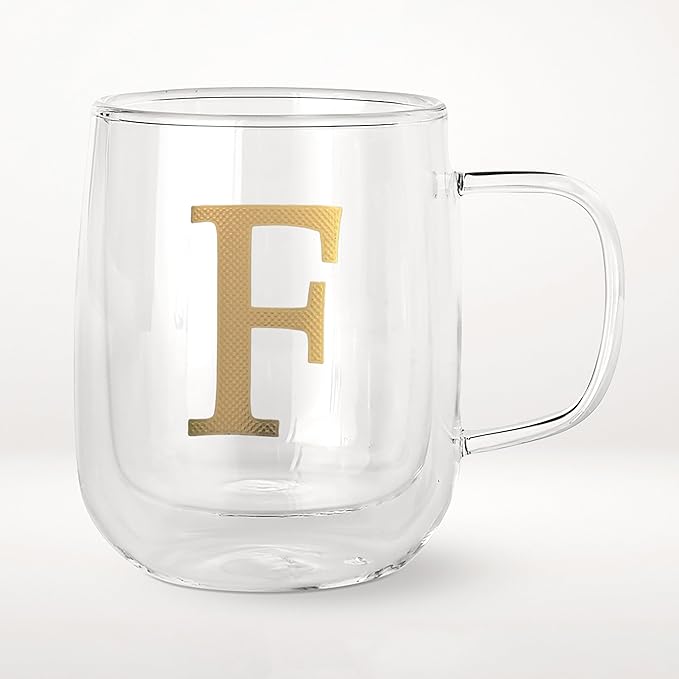COLLECTIVE HOME - Double Walled Glass Coffee Mugs, Insulated Coffee Mug with Handle, Personalized Gifts for Women, Men, Christmas, 14 oz Monogram Cups (F)