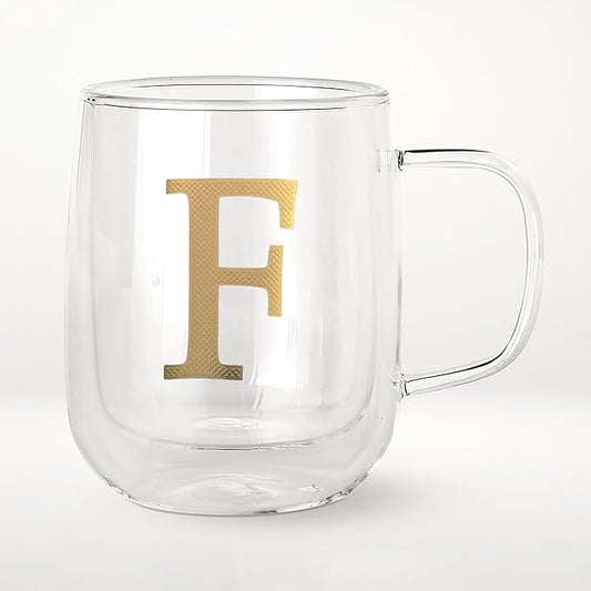 COLLECTIVE HOME - Double Walled Glass Coffee Mugs, Insulated Coffee Mug with Handle, Personalized Gifts for Women, Men, Christmas, 14 oz Monogram Cups (F)