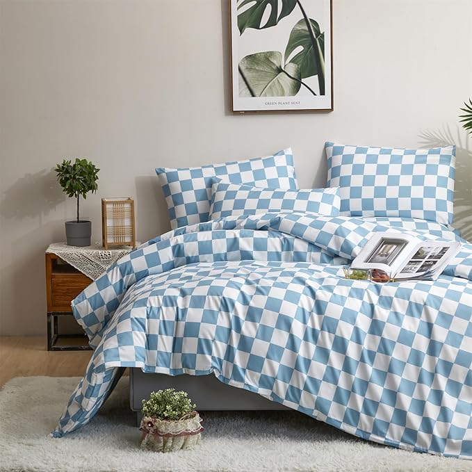 CLOTHKNOW Blue White Plaid Twin/Twin XL Comforter Set 3Pcs Grid Bedding Comforter Sets Blue Comforter Soft Lake Blue Comforter Sets Twin