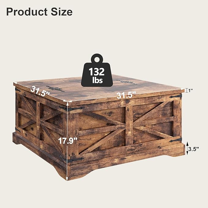 MXV Farmhouse Coffee Table with Storage, Square Coffee Tables for Living Room, Rustic Wood Center Table with Hinged Lifting Tabletop for Home, Brown