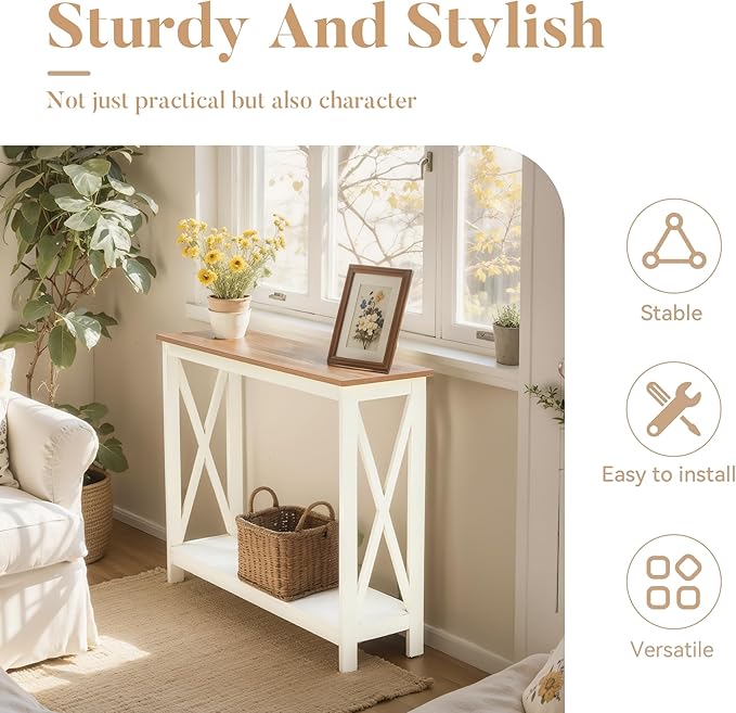 ALPHA HOME Console Table for Entryway, 2 Tier Storage Shelf Farmhouse Entryway Table, X-Shaped Design Narrow Sofa Table for Hallway, Living Room, Ivory