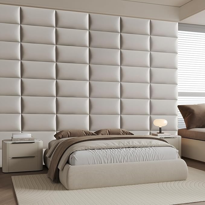 Wall-Mounted Upholstered Headboard Panels, Light Gray, 24x12 Inches, Pack of 12 – DIY Faux Leather Soundproof Padding for King, Queen, or Full Beds, Modern Accent Wall Panels