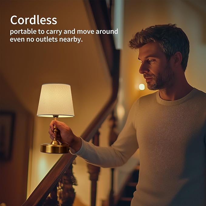 ONEWISH 2 Pack Small Cordless Lamps, Battery Operated Table lamp Dimmable, 4000mAh Rechargeable, Touch Bedside Lamp with White Fabric Shade, 2700K Bulb Included, for Dining, Patio, Bathroom(Gold)