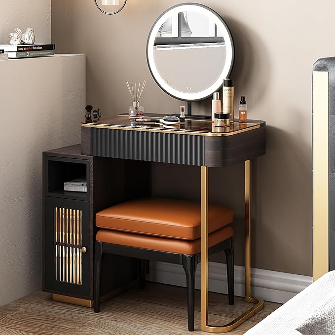 Lartis Makeup Vanity, with LED Makeup Mirror, Three Adjustable Light Levels, Tempered Teal Glass countertop,White Wax Wood Makeup Stool