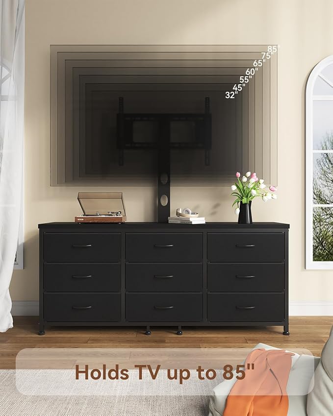 TV Stand with Mount for 32/55/65/75/85 inch TVs, Entertainment Center with 9 Fabric Drawers Dresser Storage, Height Adjustable Media Console