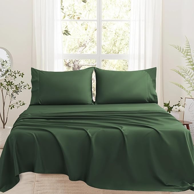 Bedlifes 1000 Thread Count 100% Egyptian Cotton King Size Sheets Set - Sateen Soft Silky Breathable Luxury Cooling 4 Pieces (Forest Green)