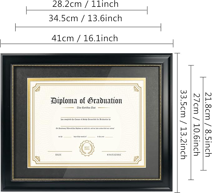 GraduatePro 8.5x11 Diploma Frame with Black Over Gold Mat or Display 11x14 Document Without Mat, CPA License Frame, UV Protection Acrylic, Black with Gold Beads