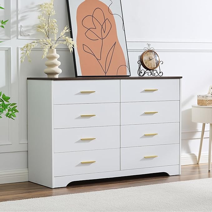 LIDYUK Dresser for Bedroom, Wood Dresser with 8 Drawers, Modern Minimalist Dressers & Chests of Drawers, 48 Inches Wide Chest of Drawers for Bedroom, Hallway, Living Room, White