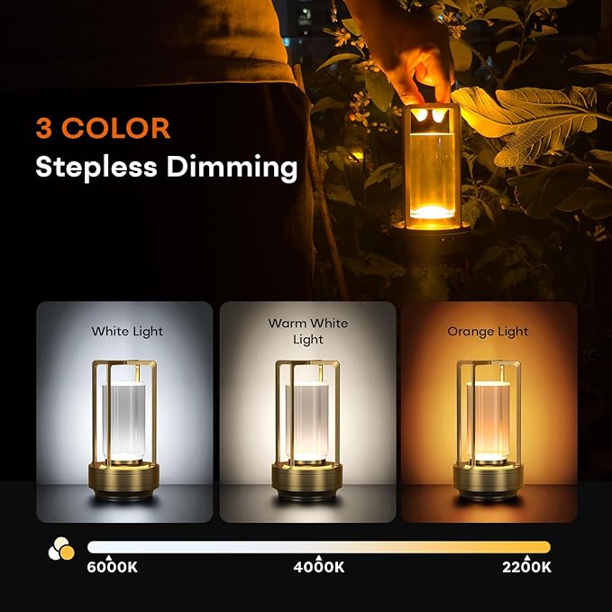 Portable Metal Table Lamp for Indoor/Outdoor ,Rechargeable Cordless LED Lamp, 3-Colour Infinitely Dimming Battery Powered Small Desk Lamp, Restaurant/Bedroom/Bar/Coffee/Camping Light (Gold Set of 2)