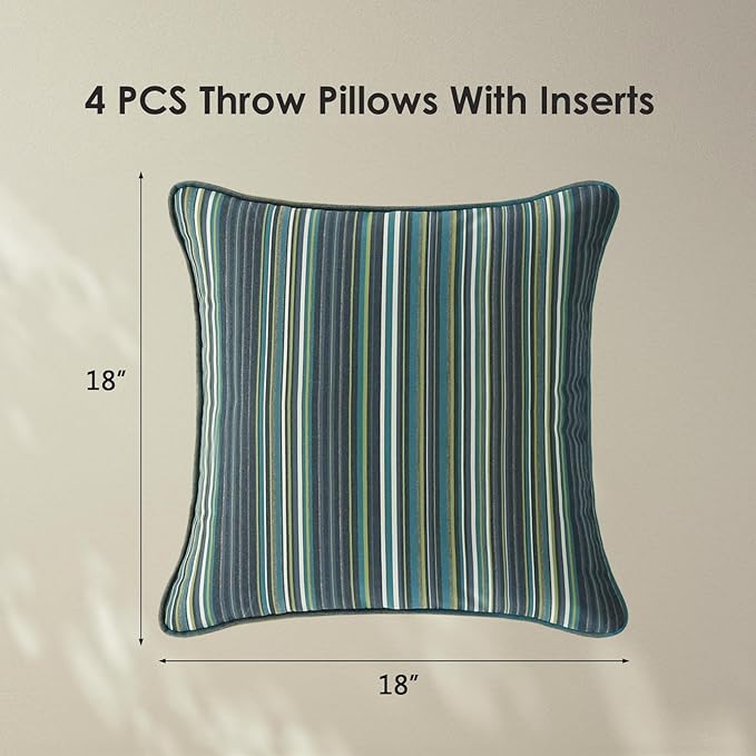 Sunbrella Decorative Outdoor Water Repellent Throw Pillows with Inserts, Set of 4, 18" x18" Pillows for Patio, Backyard, Bed, Couch, and Patio Furniture, Beach Stripe Lagoon