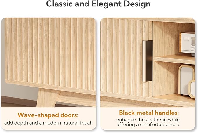 Claiks Mid-Century Modern TV Stand for 75 inch TV, Wood Fluted TV Stand with Storage and Adjustable Shelves, Low Profile TV Console for Living Room, Oak