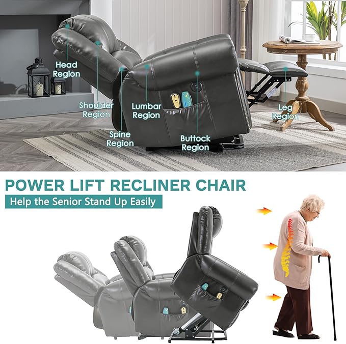 MEETWARM Large Power Lift Electric Recliner Chair for Elderly with Massage and Heat, Overstuffed Wide Recliner, Heavy Duty Sofa for Living Room with 2 Remote Control/USB Ports/Side Pockets(Gray)