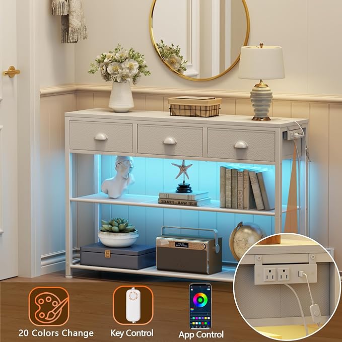 Furologee 38in Console Table with 3 Drawers, Small Sofa Table with Lights and Power Outlets, Hallway Tables with 3-Tier Shelves, White Narrow Console Table for Entryway, Living Room, Couch, Foyer