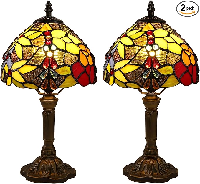 Tiffany Small Table Lamp for Bedroom Set of 2 Bedside Nightstand Lamp Rose Flower Grape Stained Glass Table Lamps for Living Room 3 Light Colors Tempertures Home Office Desk Lamps