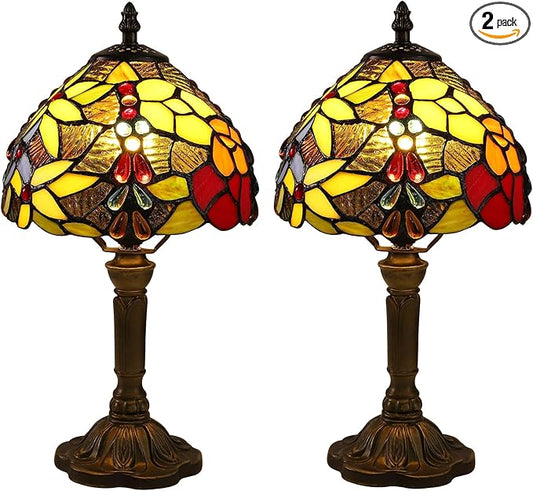 Tiffany Small Table Lamp for Bedroom Set of 2 Bedside Nightstand Lamp Rose Flower Grape Stained Glass Table Lamps for Living Room 3 Light Colors Tempertures Home Office Desk Lamps
