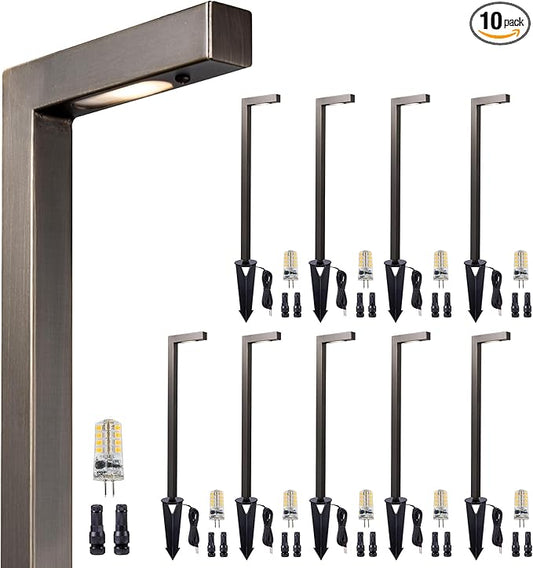 Brass Outdoor Garden Lights, Low Voltage Wired Landscape Path Lights, 12V Electric Waterproof Bronze L Shape Pathway Lights for Walkway Sideway Patio with 3W 270LM 5000K G4 Bulb 10 Pack