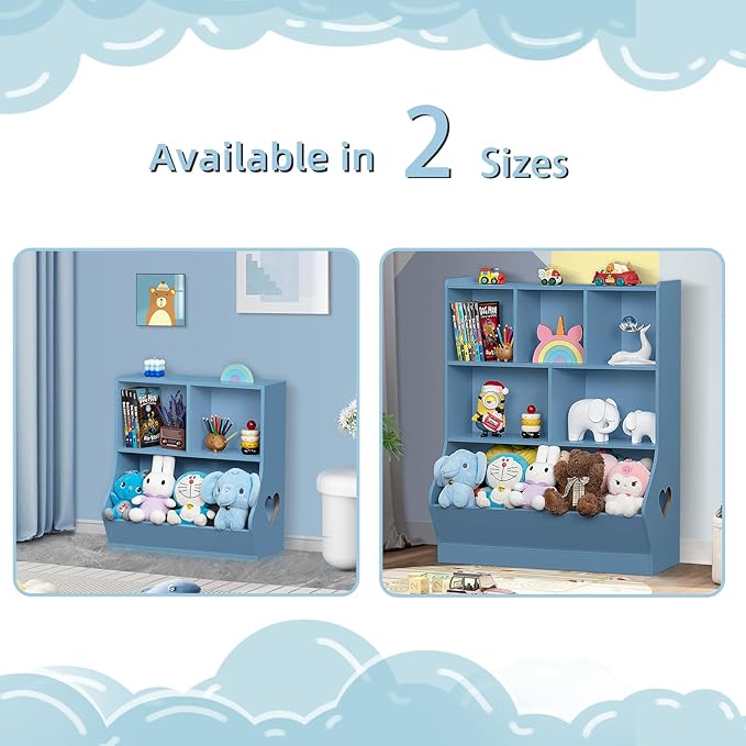 Lerliuo Baby Toddler Bookshelf and Storage Organizer, Kids Cabinet and Bookcase, Wooden 3 Cubby Children Book Shelf for Playroom, Bedroom, Nursery, School 23.62'' H (Blue)