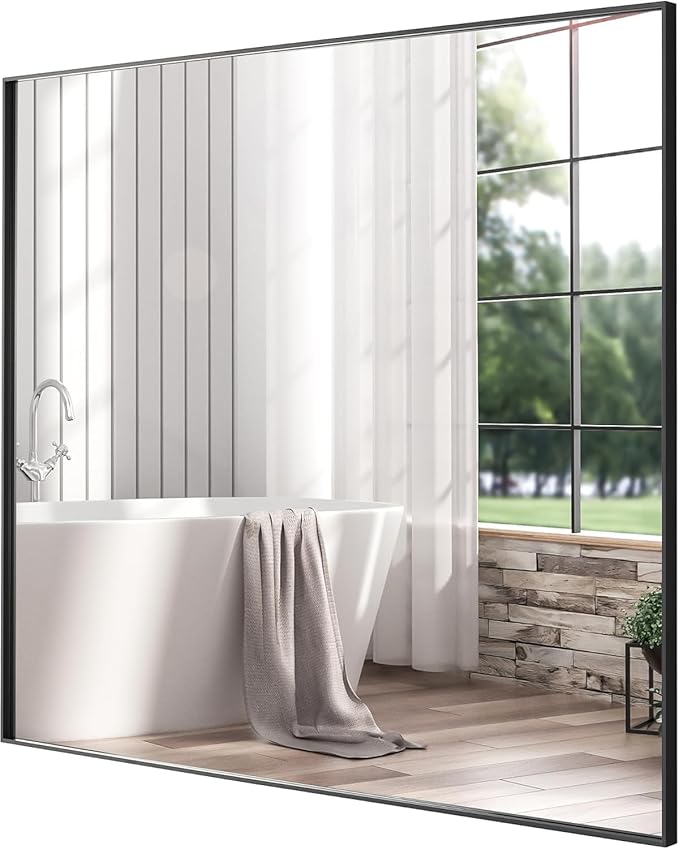 24x24 Inch Black Bathroom Mirror, Copper-Free Mirror, Aluminum Alloy Frame Vanity, Rectangle Wall Mounted Modern Mirror for Bedroom/Living Room/Porch Horizontal or Vertical