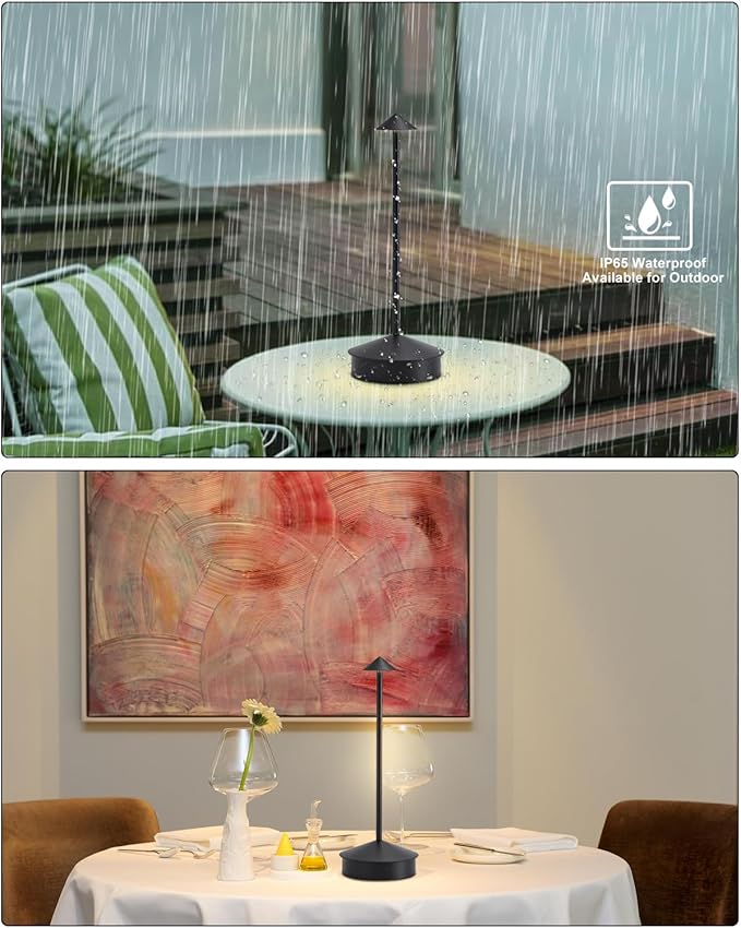 2 Pack Aluminum Cordless Table Lamps, 6000mAh Rechargeable Battery Operated Lamps, Portable Touch Lamp Outdoor Camping Lamp 3 Color Stepless Dimming Lamp for Restaurant/Patio/Dinning（Black）