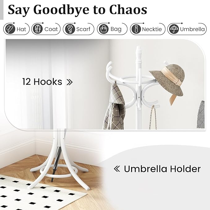 Tangkula Coat Rack with Umbrella Holder, 73 Inch Freestanding Coat Hanger Stand with 12 Hooks, Wooden Entryway Coat Tree for Clothes, Bags, Hats, Scarves, Living Room, Bedroom, Hallway (White)