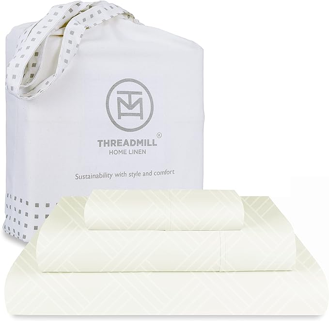 Threadmill Twin Bed-Sheets - 800 Thread Count Jacquard Celine Ivory 100% Natural Cotton 3 Piece Striped Bed Set, Extra Long Staple Cotton, Comfy Damask Sheets with Elasticized Deep Pocket