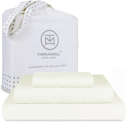 Threadmill Twin Bed-Sheets - 800 Thread Count Jacquard Celine Ivory 100% Natural Cotton 3 Piece Striped Bed Set, Extra Long Staple Cotton, Comfy Damask Sheets with Elasticized Deep Pocket