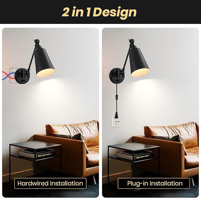 Plug in Wall Sconces Set of 2, Black Wall Mounted Lighting, Swing Arm Wall Lamp Plug in Cord Industrial Wall Light Fixtures for Bedside Bedroom Living Room Kitchen Office