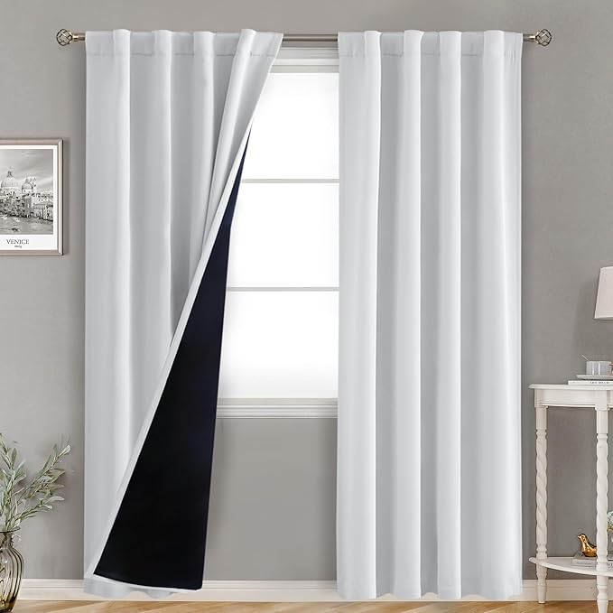 BGment Greyish White 100% Blackout Curtains for Bedroom, 84 inch Panels Black Out Rod Pocket and Back Tab Double Layer Room Darkening Living Room Drapes with Thermal Liner, 2 Panels,38 x 84 Inch