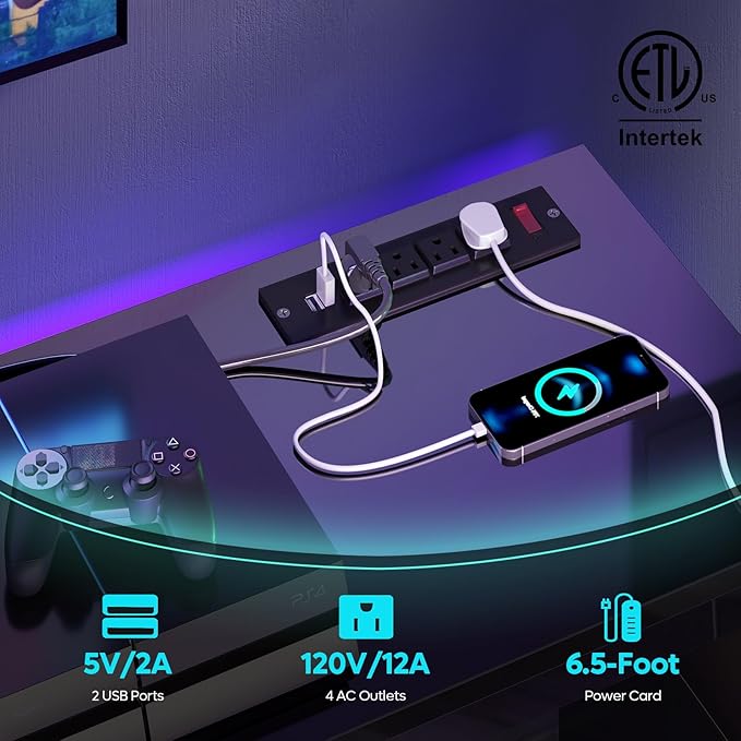 Bestier LED TV Stand for 55/60/65 Inch TV, High Gloss Gaming TV Stand with Power Outlet, Black Entertainment Center with Storage for Living Room, Bedroom, 55 Inch TV Console with Adjustable Shelves