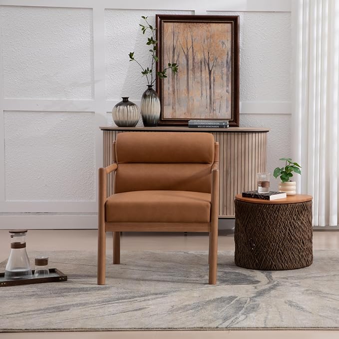 Modern Living Room Chair, Brown Upholstered Accent Chair with Channel Tufted Back, Walnut Wood Lounge Reading Arm Chair, Faux Leather Fabric Side Sitting Chair for Guest Room, Balcony, Bedroom